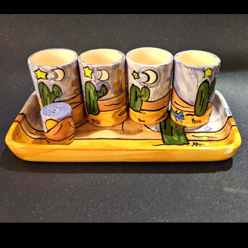 Vintage Hand painted Mexican Tequila Tray Set